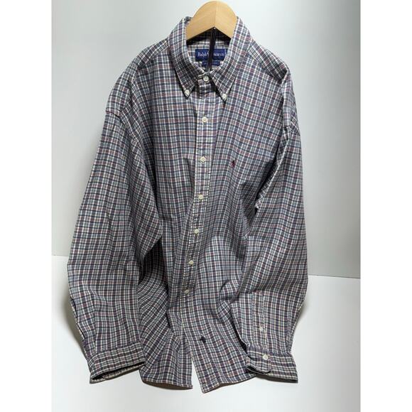 Ralph Lauren Men’s Long Sleeve Button Front Shirt Sz L Burgundy Blue White Plaid - Picture 1 of 10